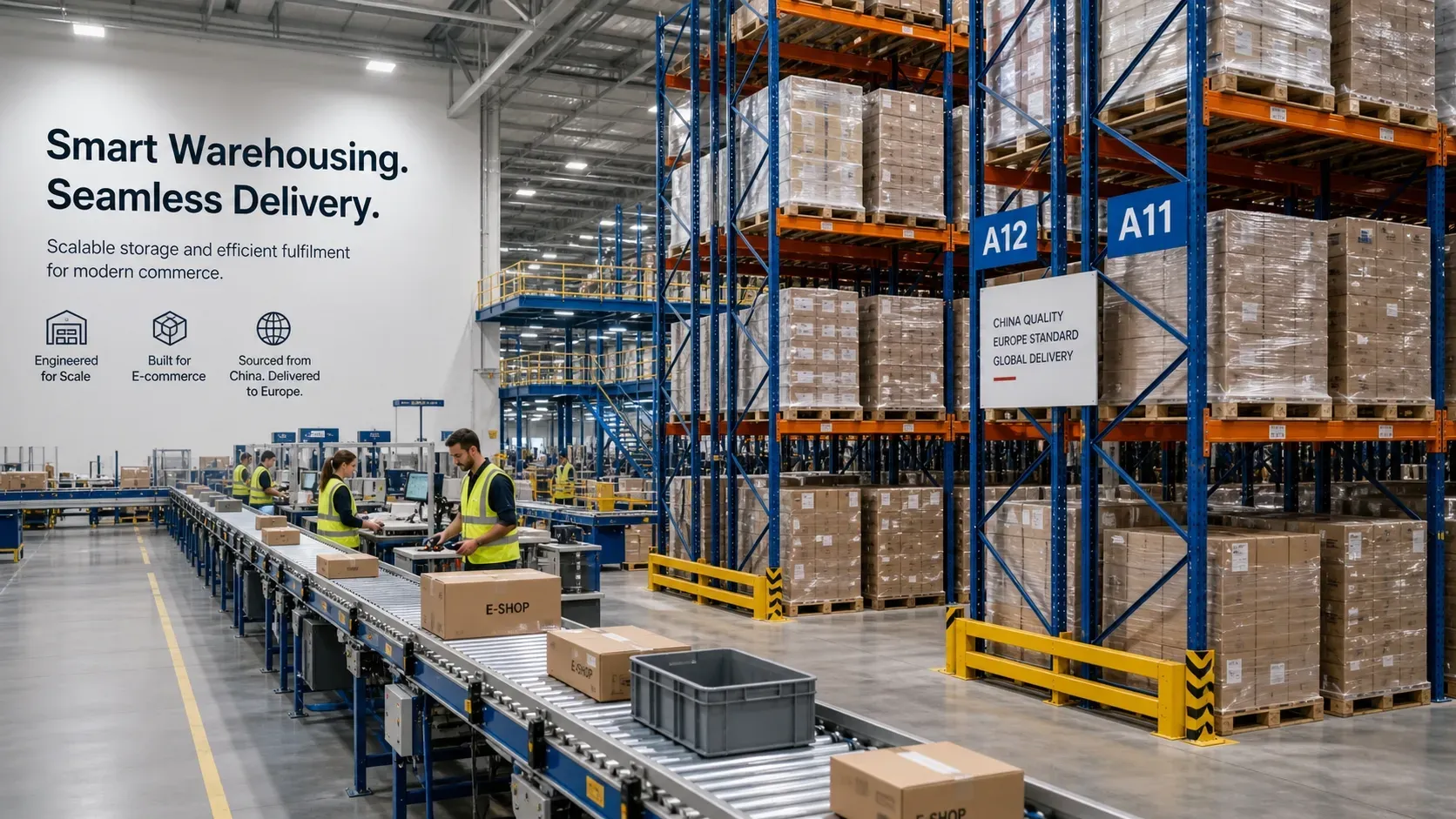 Modern e-commerce warehouse with tall pallet racking and powered roller conveyors, hi-vis workers at packing stations
