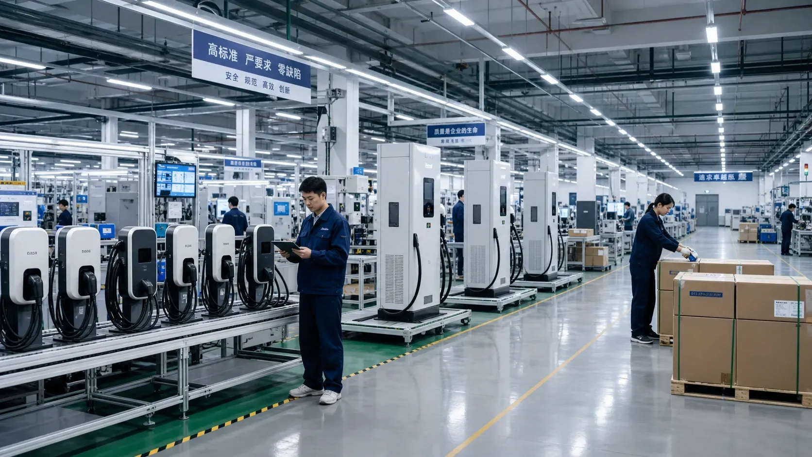 EV charger assembly line in China producing AC wallboxes and DC fast chargers for European projects