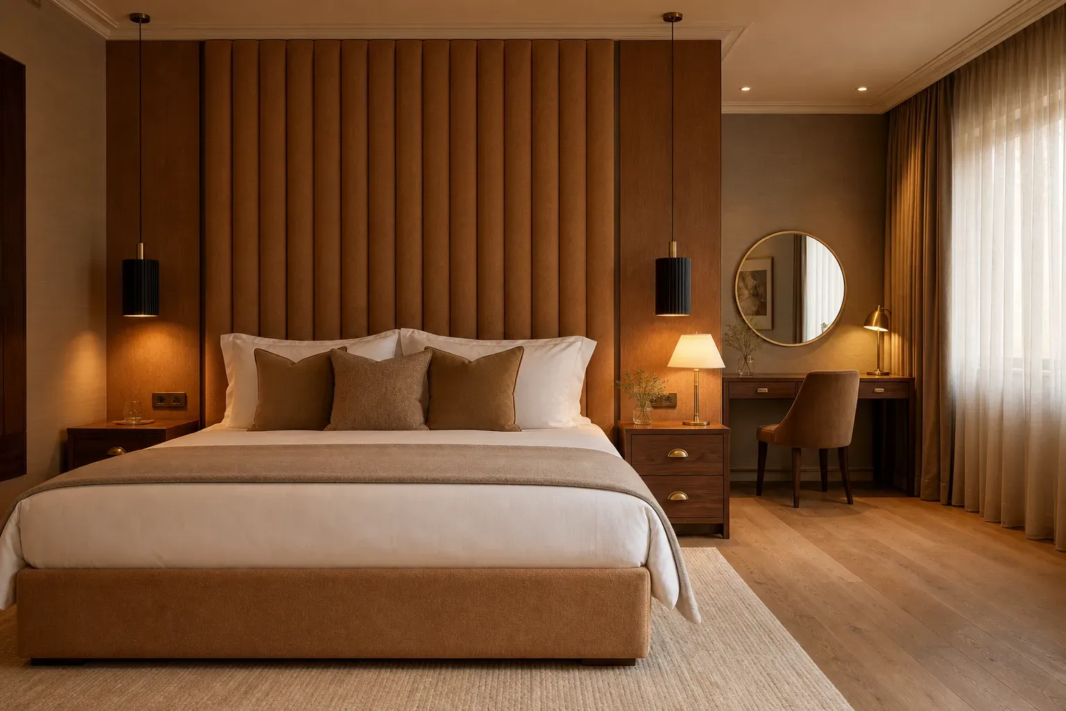 Fitted hotel bedroom furniture set in a Foshan showroom, factory-direct hotel casegoods for Ireland