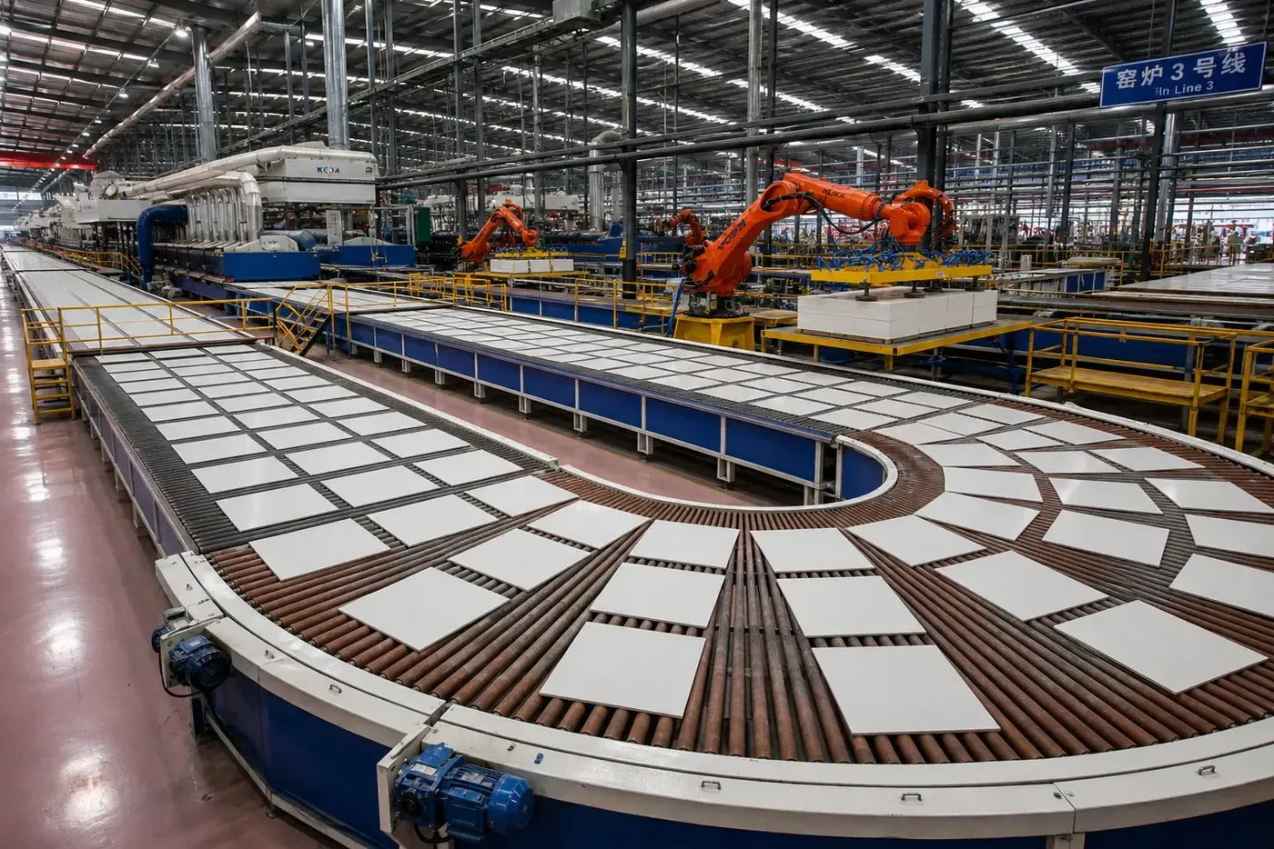 Foshan porcelain tile production line with KEDA roller kiln and KUKA palletising robot, factory-direct 600x600 floor tile for Ireland