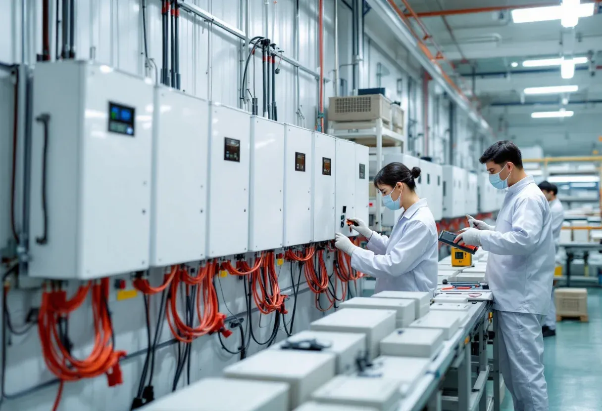 Wall-mounted home battery units on a production and test line in a Guangdong battery factory