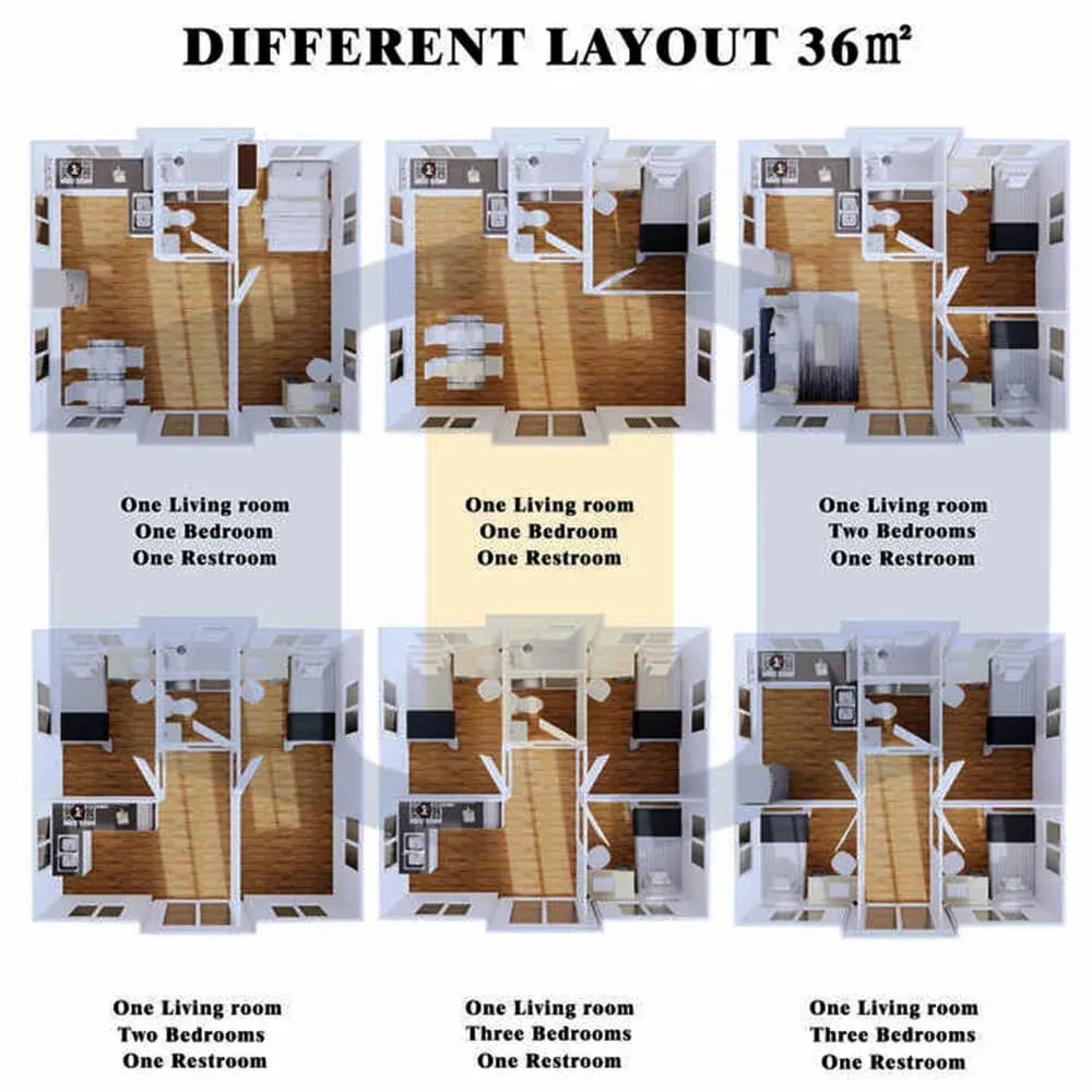 Floor-plan layouts for the Ériu 20ft Expandable, studio, one-bedroom and two-bedroom configurations