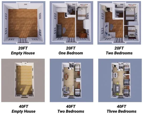 Floor-plan layouts for Ériu expandable modular homes, studio through two-bedroom