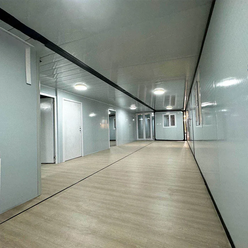 Finished modular home interior with wood-effect flooring