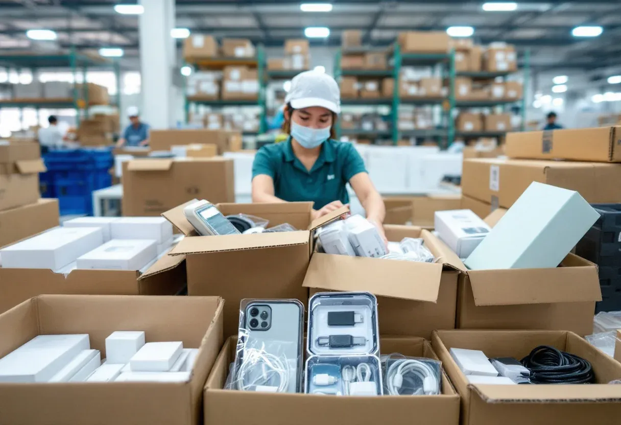 Phone accessories being counted and packed in a Shenzhen warehouse: chargers, cases, screen protectors and cables in cartons