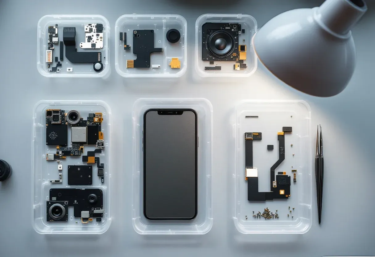 Phone repair spare parts sorted in clear trays: charging-port flexes, camera modules, speakers and a replacement glass panel