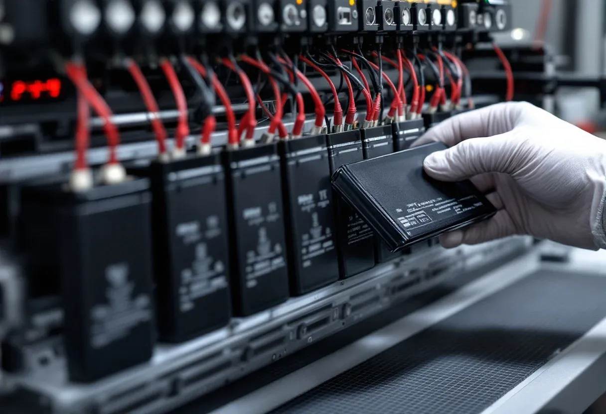 Replacement phone batteries on a multi-channel capacity testing rack in Shenzhen, checked before shipment to Ireland