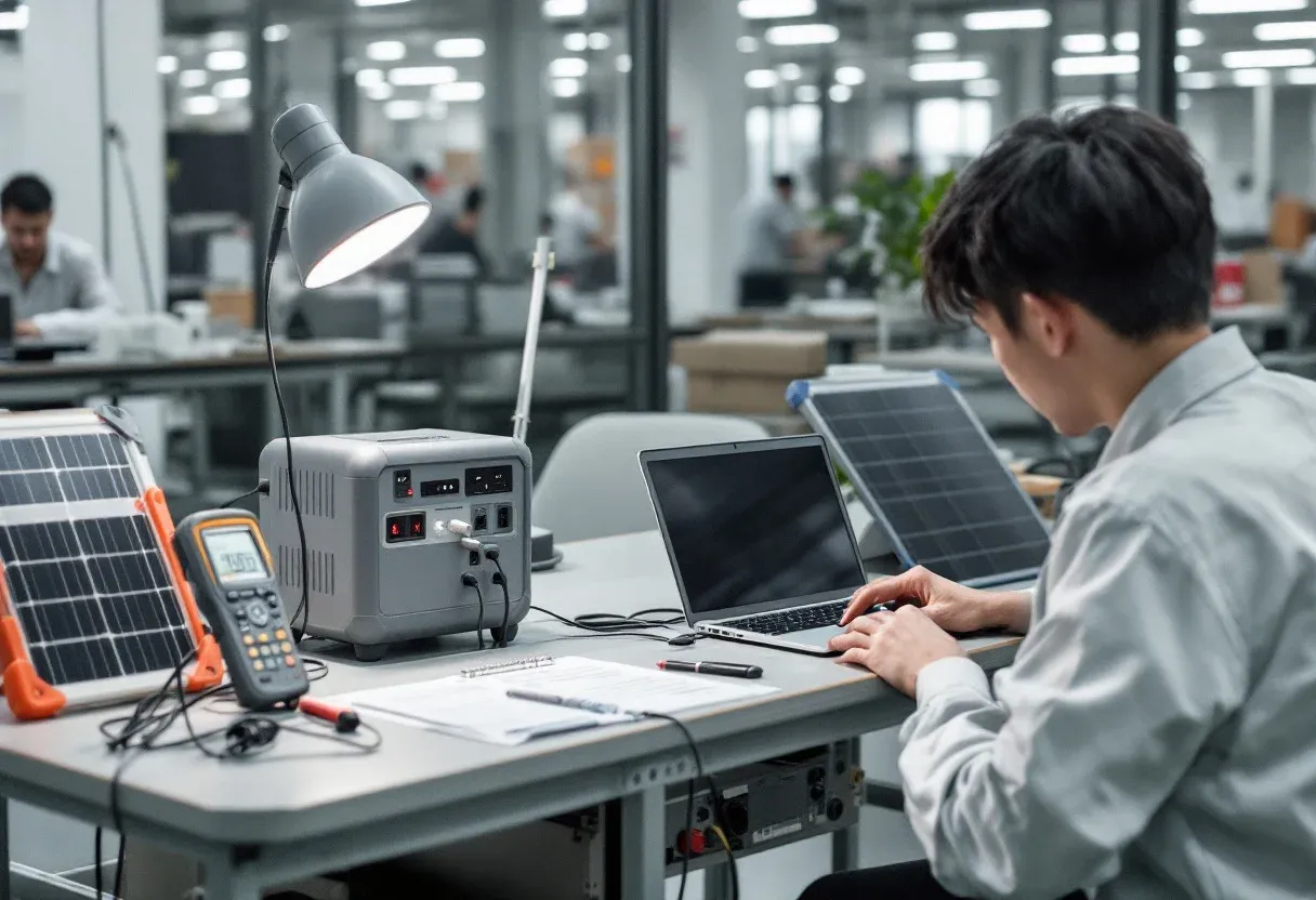 Inspector testing a portable power station powering a lamp and laptop on an inspection bench in Shenzhen