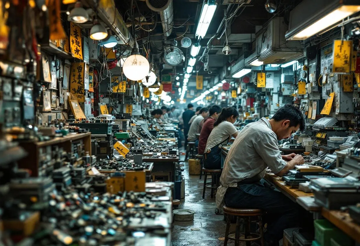 Huaqiangbei electronics market in Shenzhen, where Ériu sources IP cameras and NVR systems factory-direct for Ireland