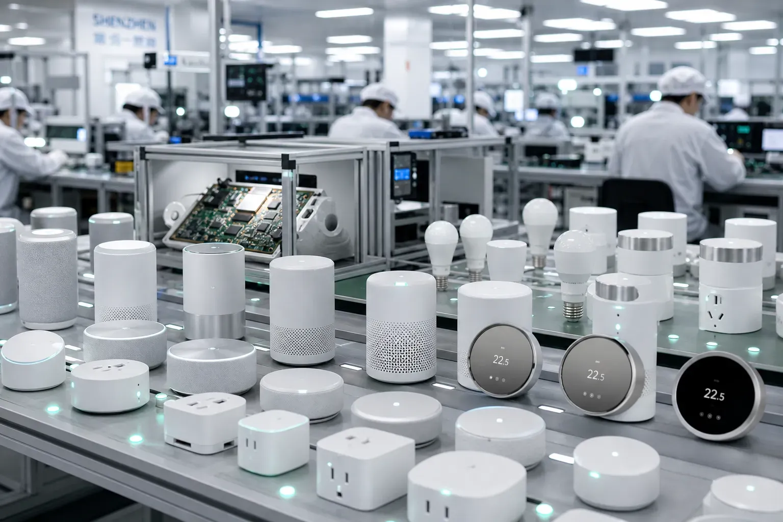 Smart-home device assembly in a Shenzhen clean room, Ériu sources white-label IoT devices factory-direct for Ireland
