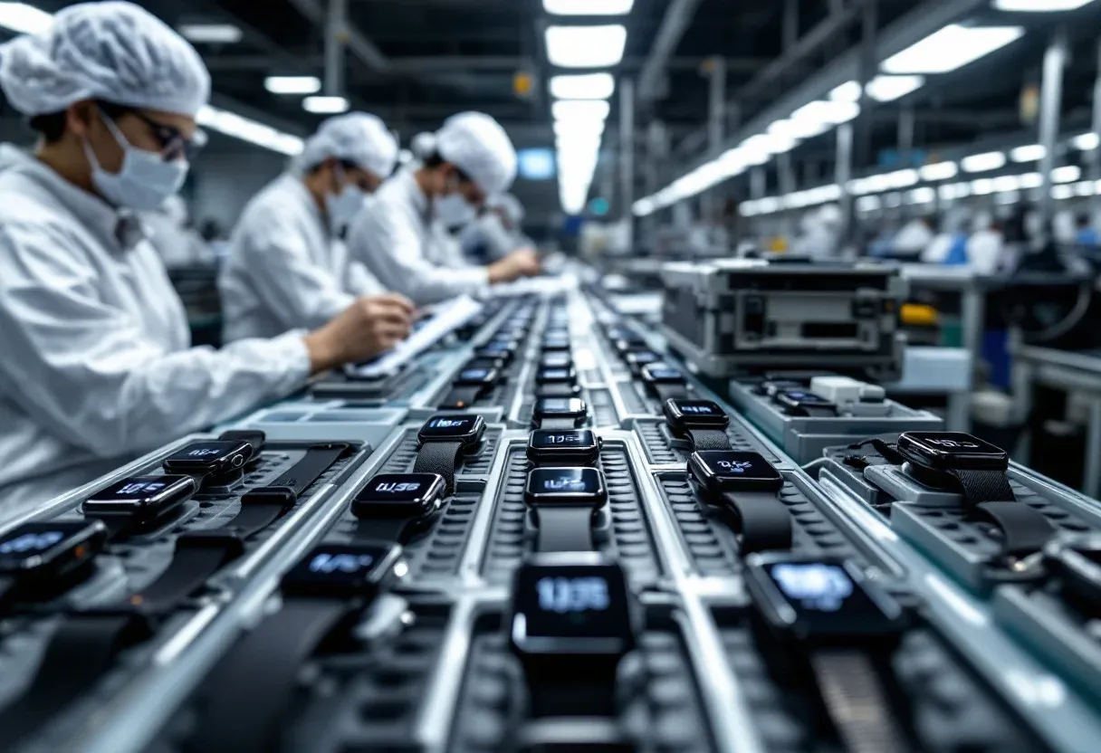 Smartwatch assembly and test line in a Shenzhen factory, with rows of watches on test docks and workers at the bench