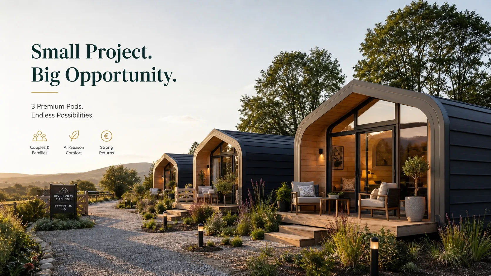 Three premium glamping pods with decks and seating on a landscaped site at golden hour