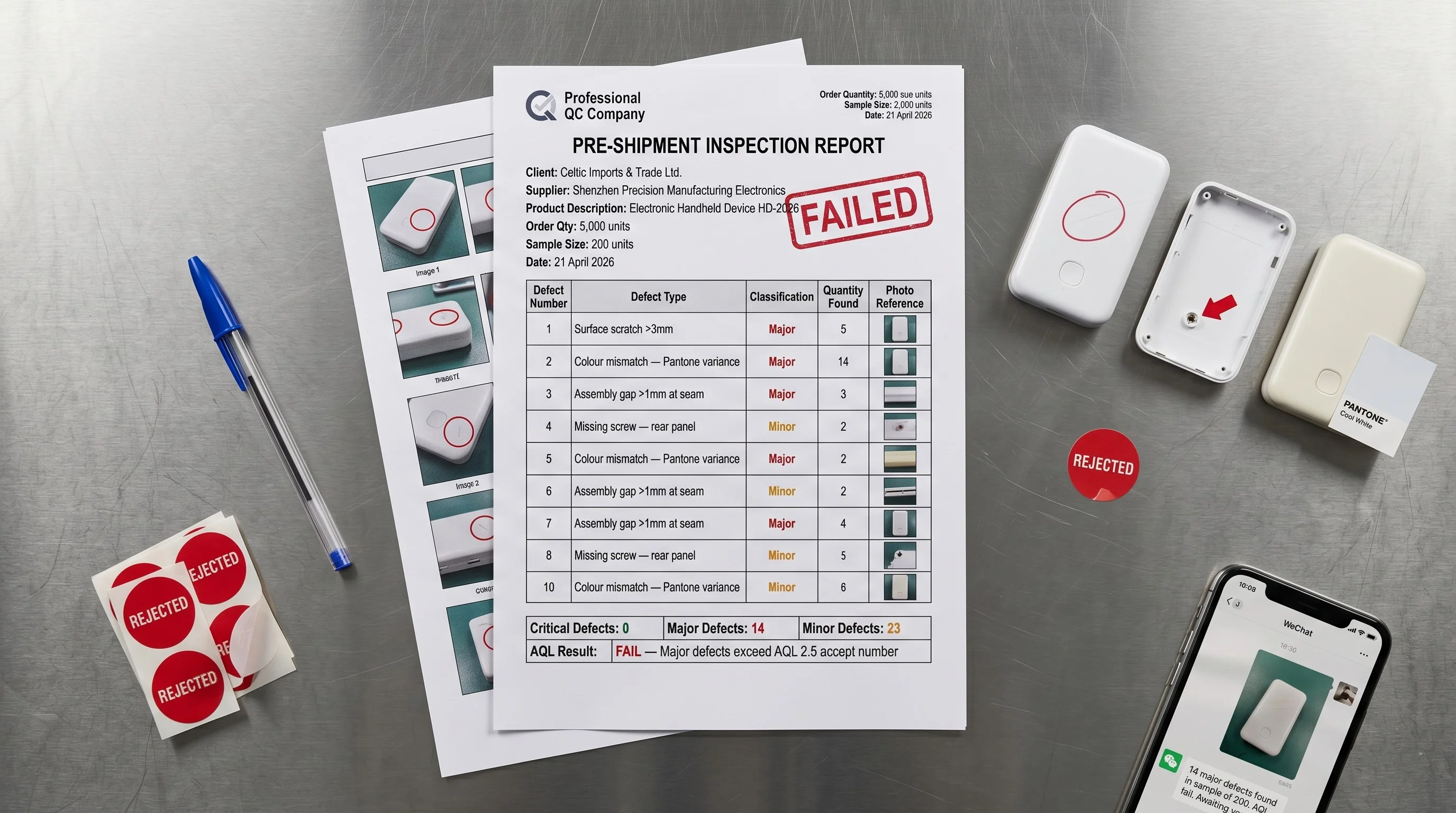 Overhead flat-lay photograph of a pre-shipment inspection report stamped FAILED in bright red ink on a brushed stainless steel inspection table. The report shows a defect log table listing surface scratches, colour mismatch, assembly gaps, and a missing screw, with 14 major defects in red and 23 minor defects in amber.