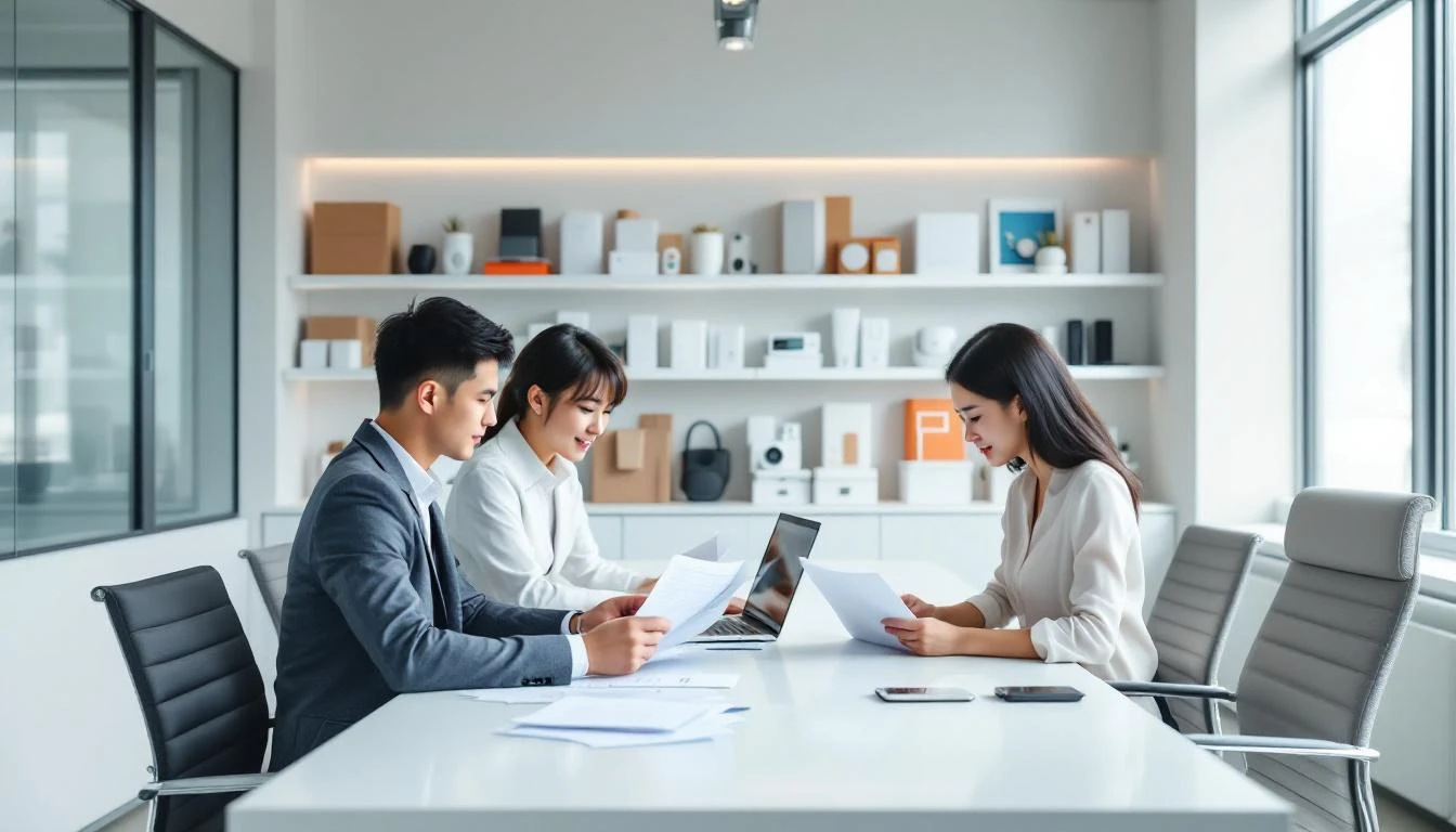 Chinese trading company office-showroom in Shenzhen — product samples across unrelated categories, sales staff, no production equipment