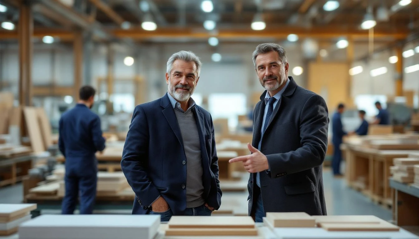 Western buyer meeting with factory management on production floor of Chinese furniture factory, reviewing specifications with workers and machinery in background