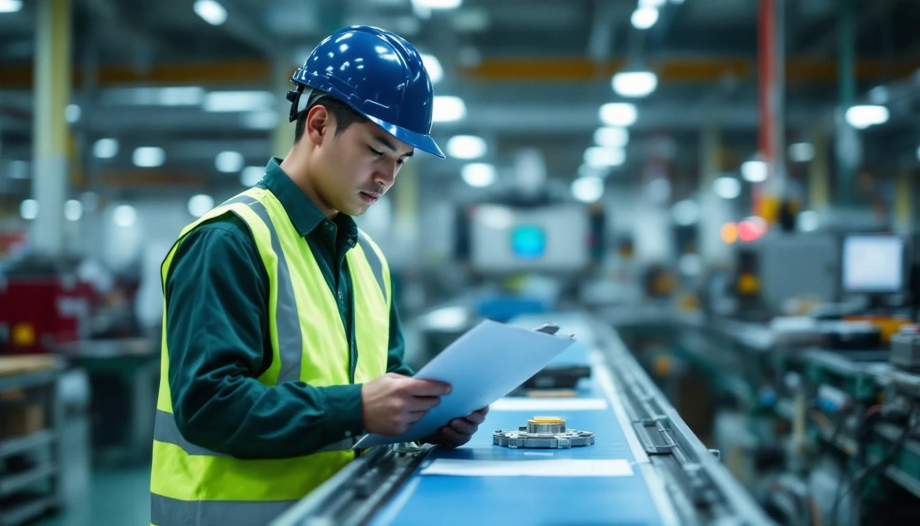 Quality control inspector in emerald hi-vis vest checking products on Chinese factory production line with clipboard