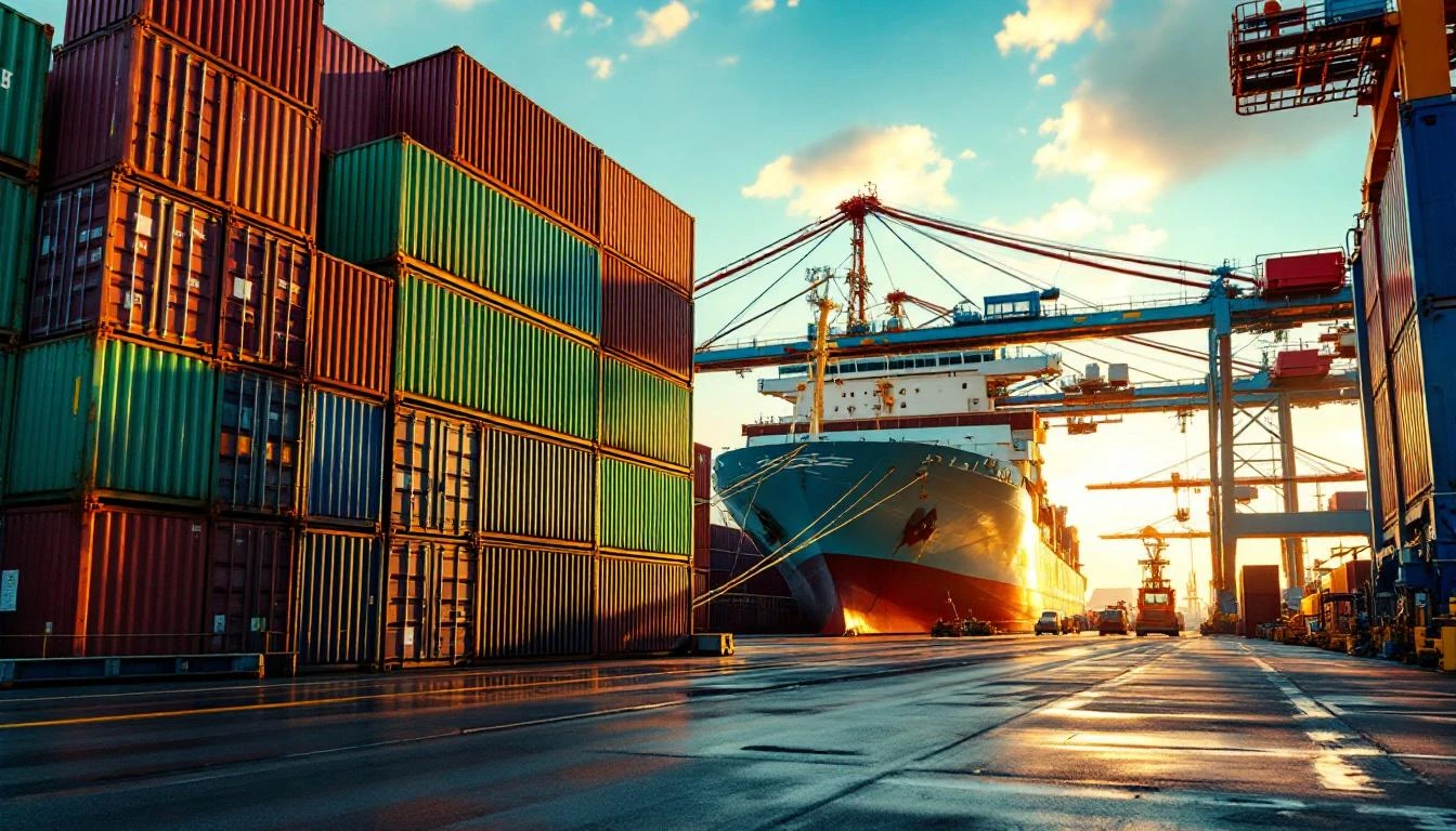 Container ship docked at port with stacked intermodal shipping containers — China to Ireland freight