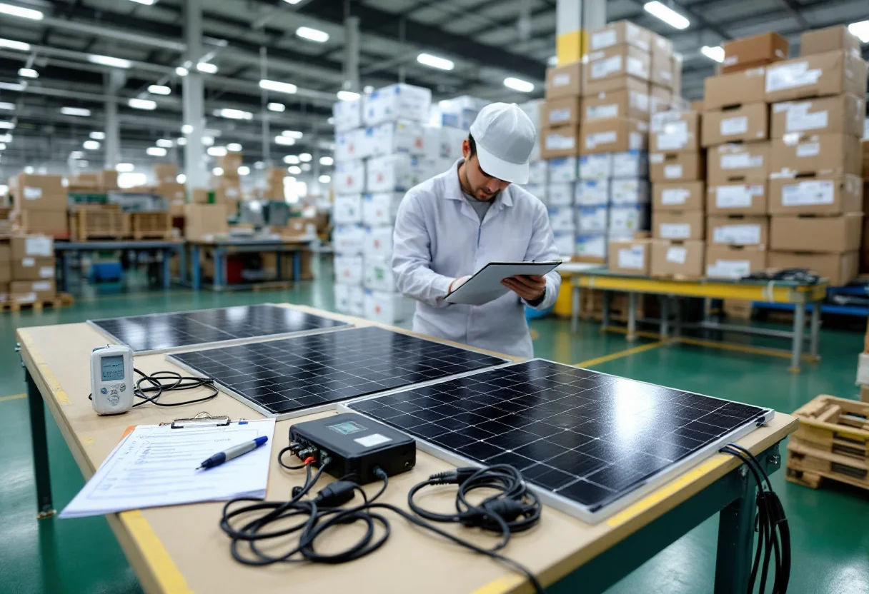 Prüfer kontrolliert ein Balkonkraftwerk-Set mit Solarmodulen und Mikrowechselrichter in einer Fabrik in China