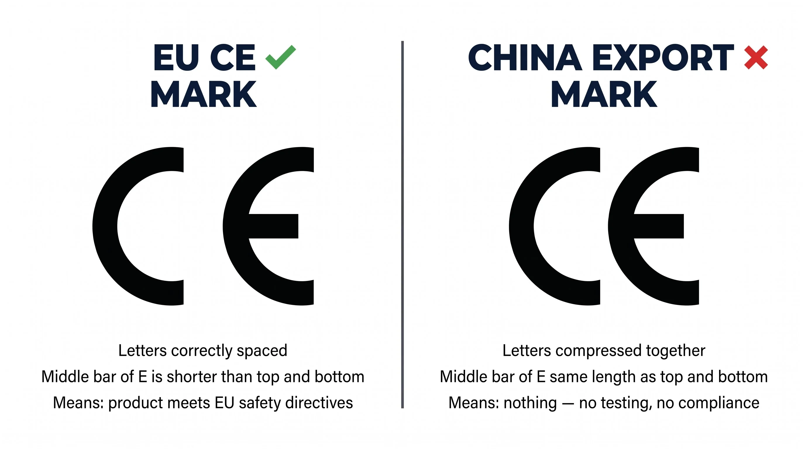 Side-by-side comparison of the official EU CE mark and the similar-looking China Export mark