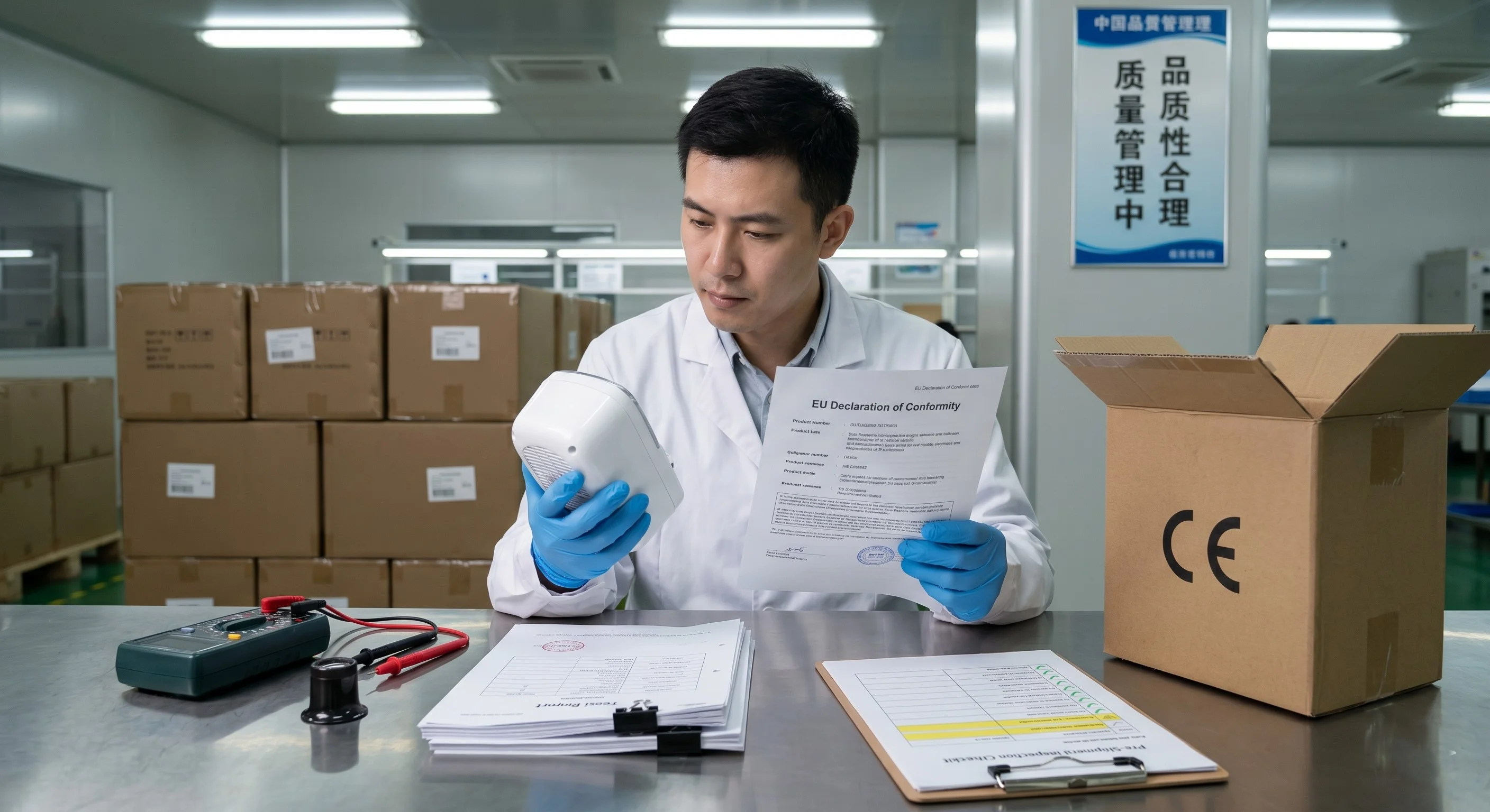 QC inspector verifying CE compliance documents at a Chinese factory pre-shipment inspection