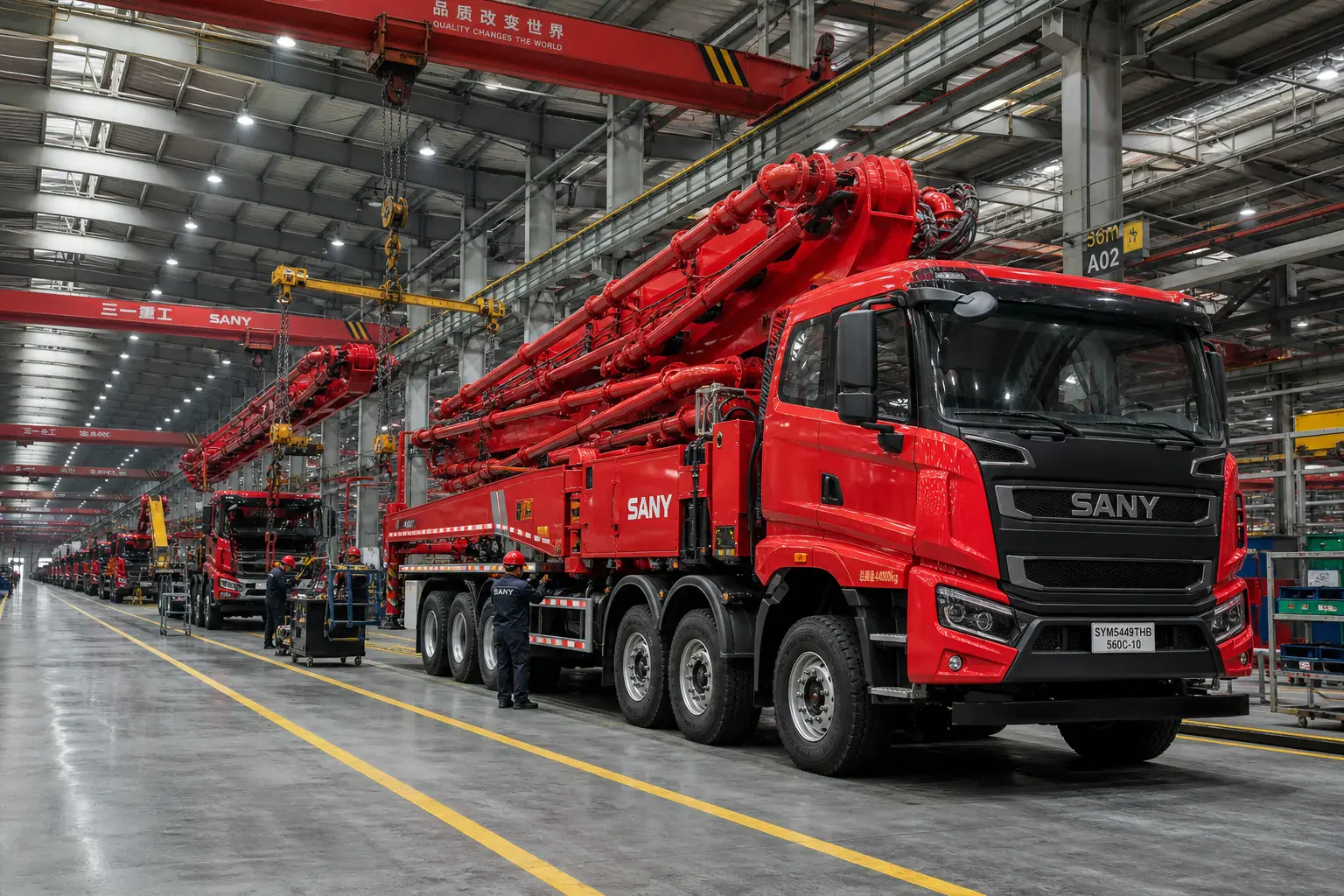 Heavy machinery assembly hall in inland China — Sany concrete pump trucks on the production line in Changsha, Hunan