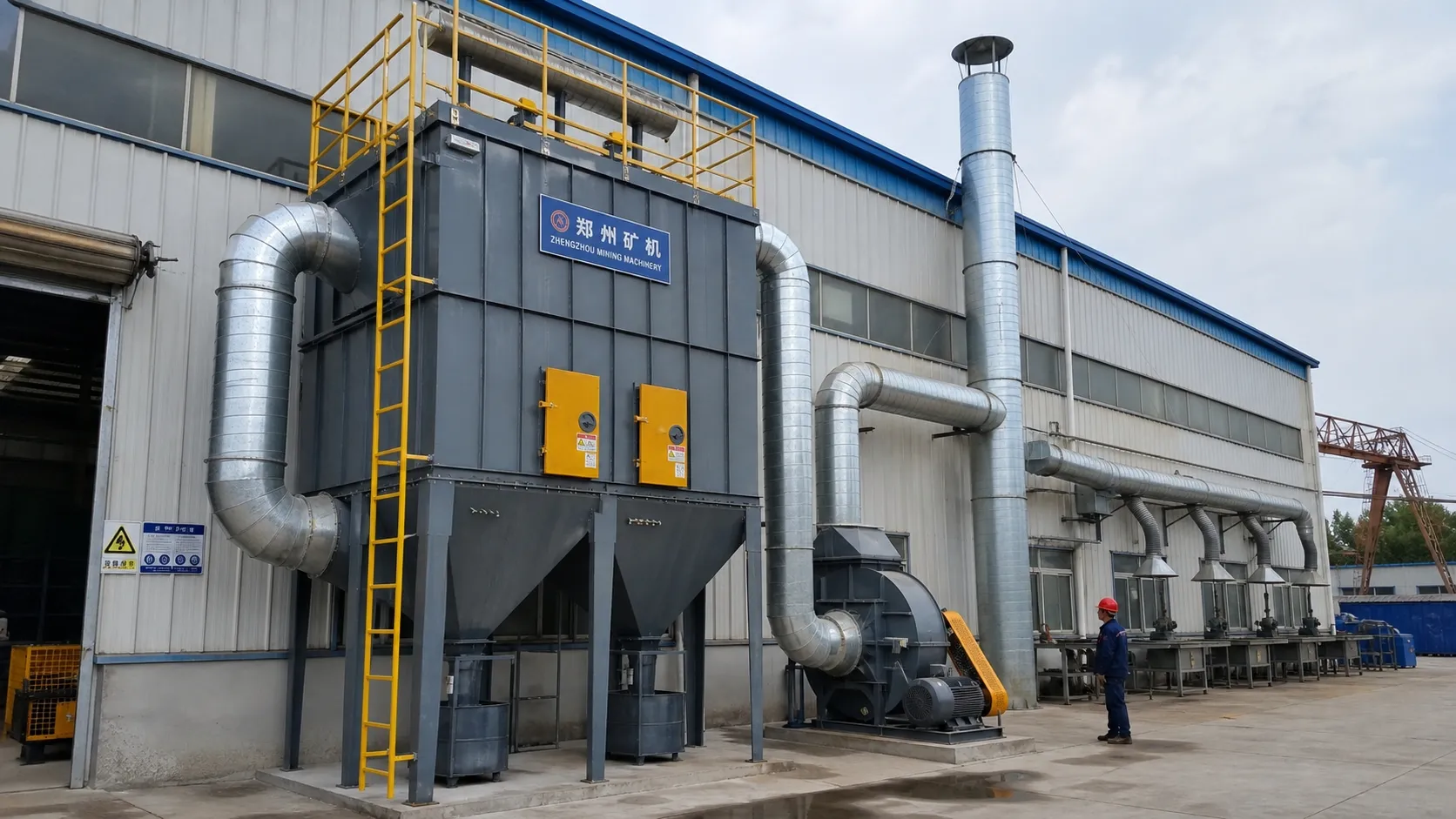 Industrial baghouse dust collector and extraction ducting in a Chinese factory, sized for workshop and process-plant dust capture