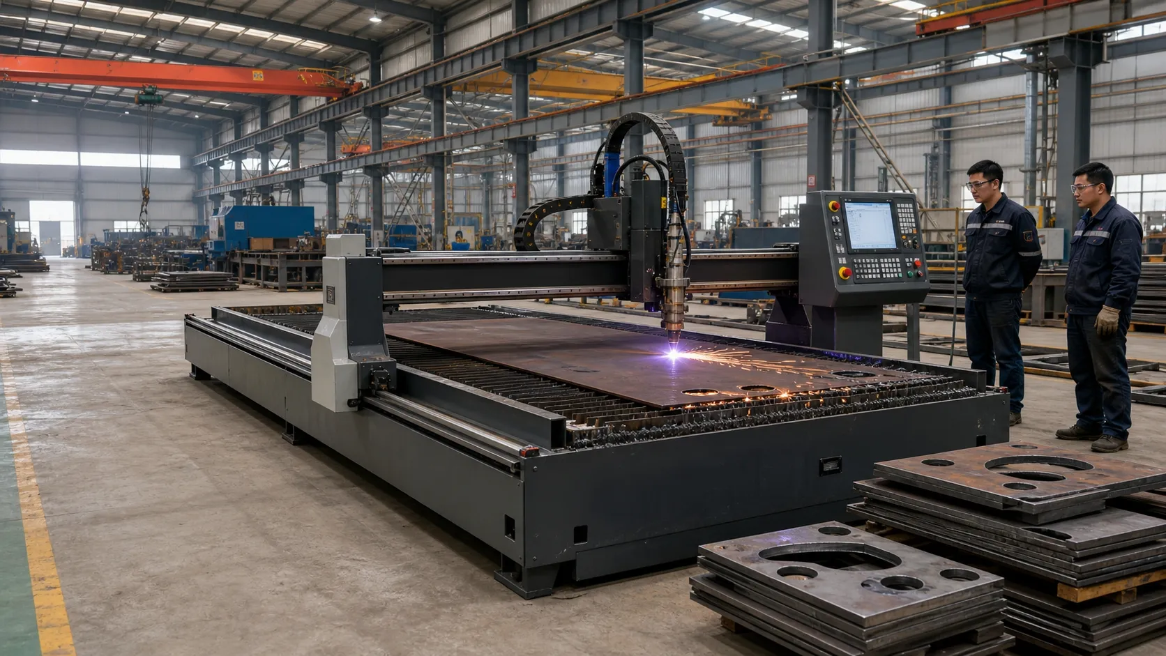 CNC plasma cutting table cutting a steel plate in a metal fabrication workshop, sparks and gantry visible