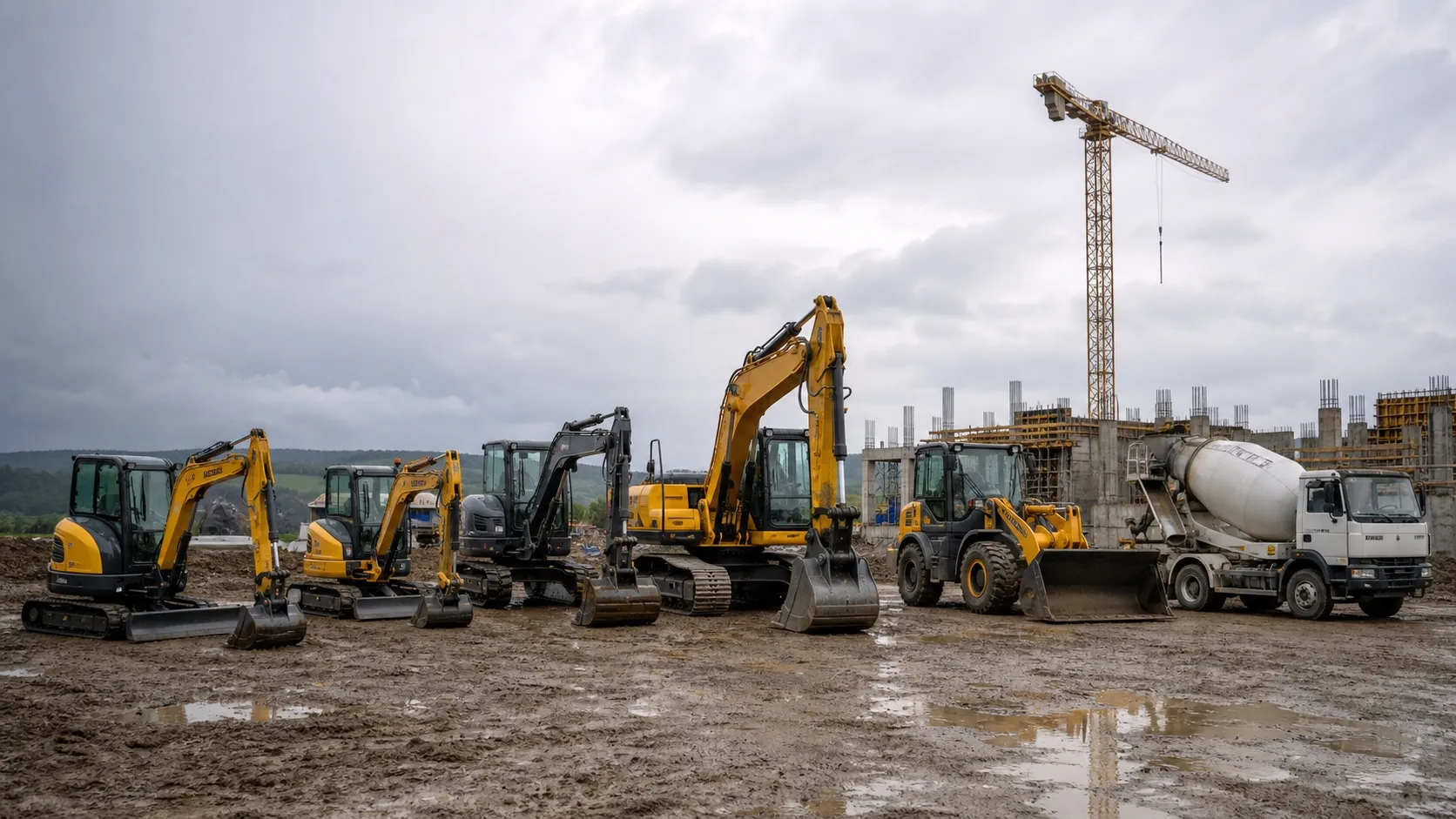 Mixed fleet of Chinese construction machinery on a European jobsite, mini and mid excavators, a compact wheel loader and a concrete mixer truck lined up on muddy ground beside a tower crane