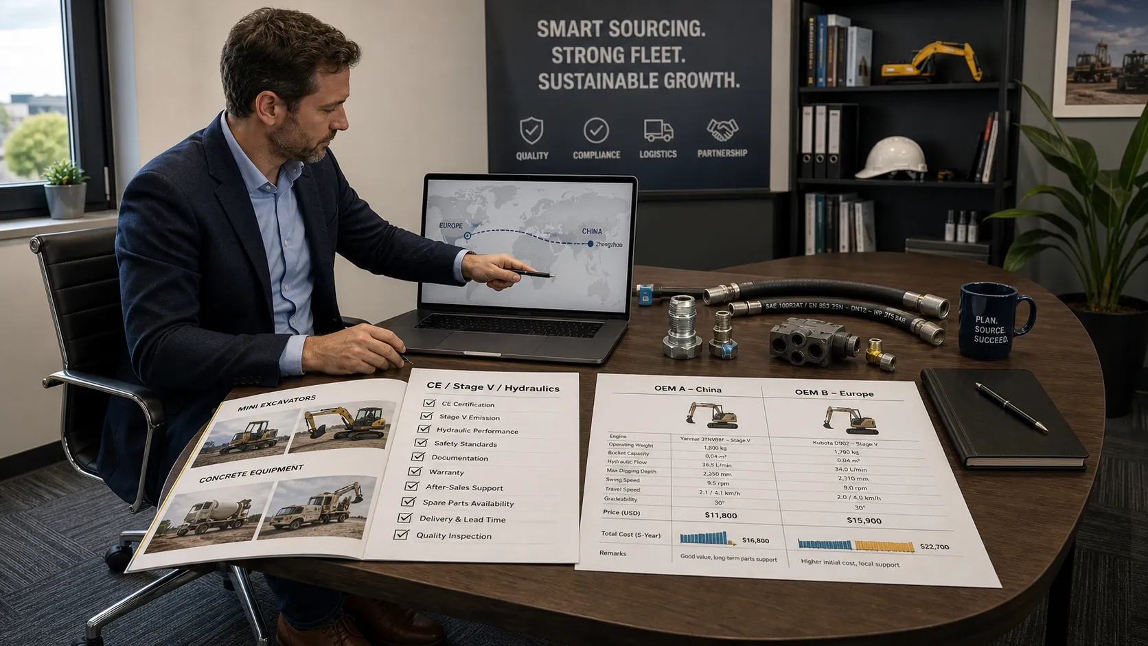 European buyer reviewing a China-versus-Europe OEM comparison and a CE/Stage V/hydraulics checklist at a desk, with hydraulic component samples