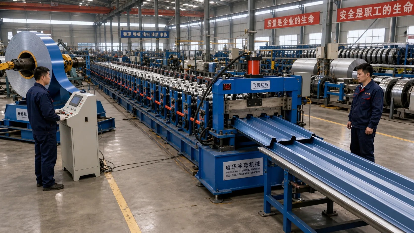 Cold roll-forming line in a Chinese factory producing colour-steel roofing sheet and C/Z purlin sections