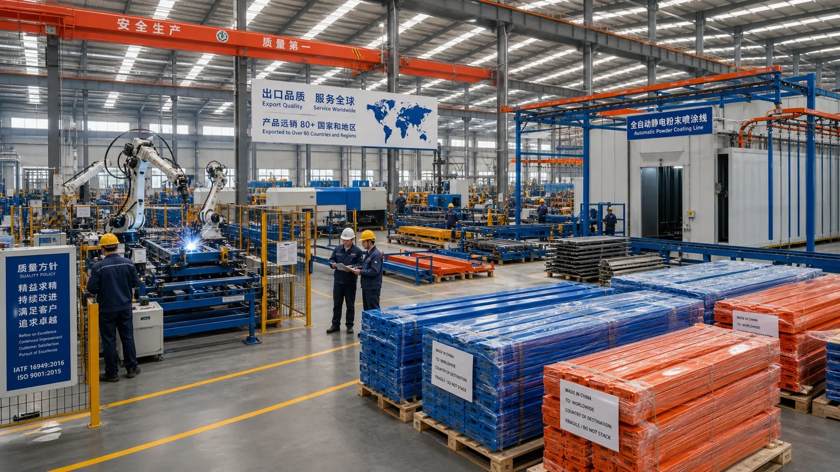 Chinese factory manufacturing export-grade warehouse racking, robotic welding, powder-coating and palletised racking components under ISO quality control