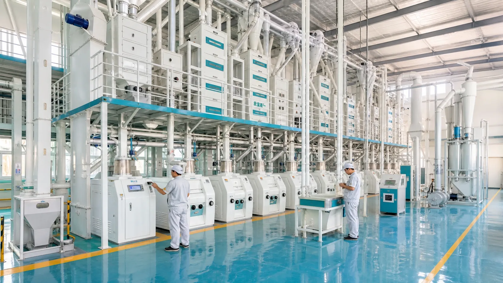 Complete wheat flour milling plant in China, cleaning, milling, sieving and packing line with steel ducting and roller mills