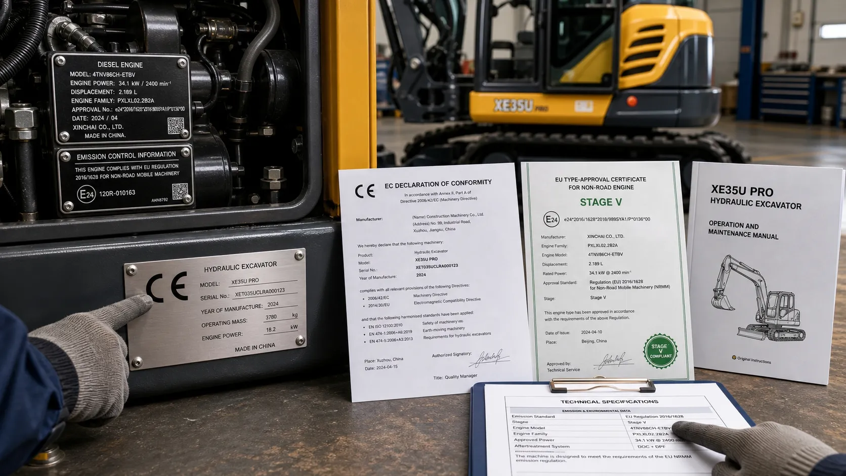 Construction machinery compliance documents, engine data plate with CE marking, EU Declaration of Conformity, Stage V type-approval certificate and operation manual, with an engineer checking the details