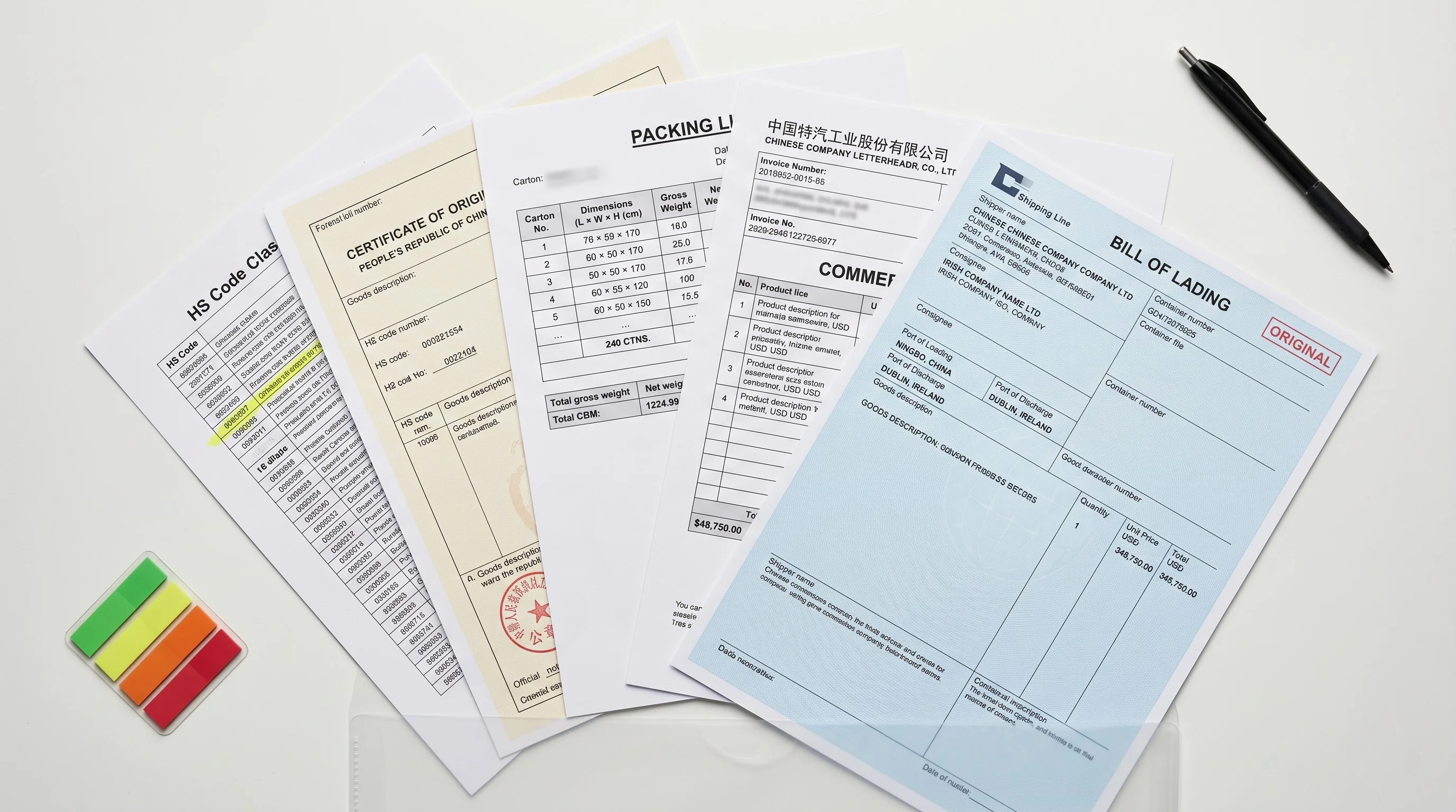 Close up of a Commercial Invoice and Bill of Lading required for Irish Customs clearance