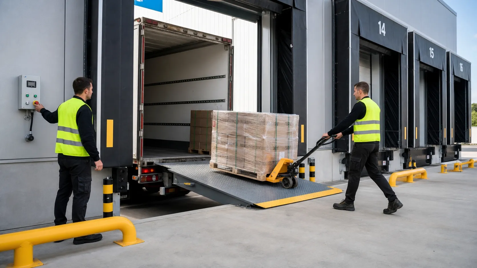 Warehouse loading dock with a hydraulic dock leveller bridging a truck, pallet jack and safety barriers