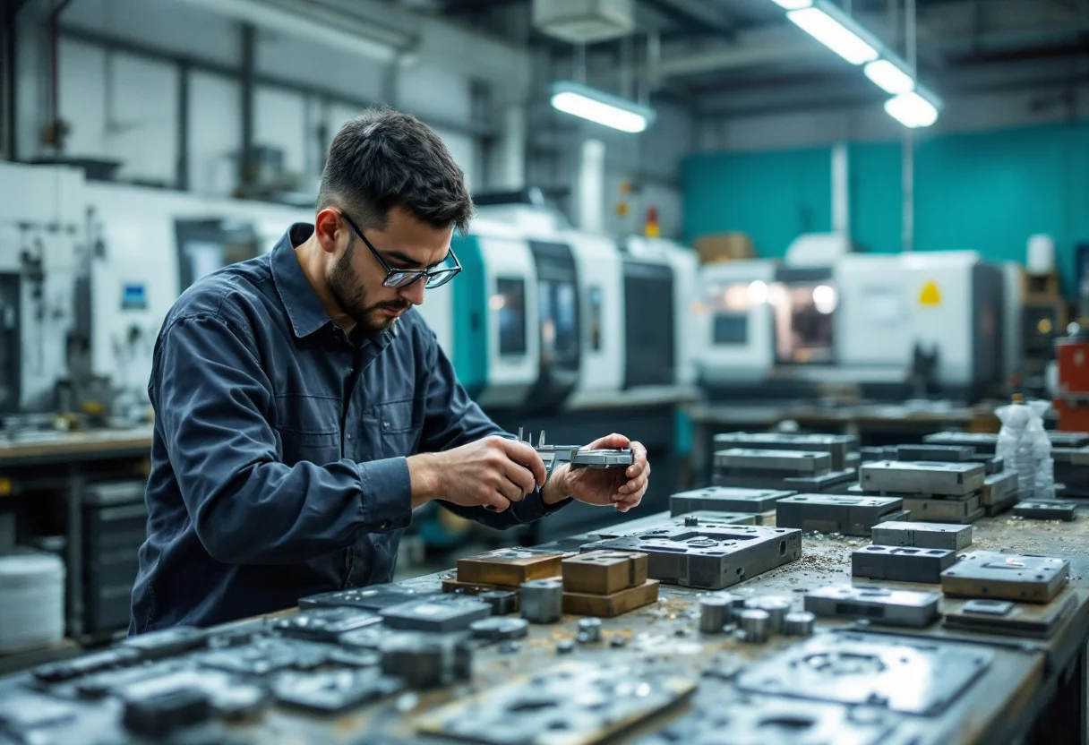 Toolmaker measuring a machined steel mould insert in a Dongguan toolroom, with CNC machines behind