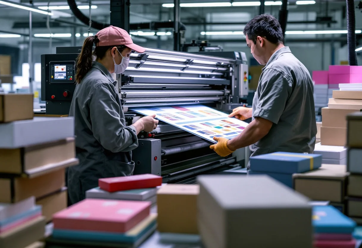 Printed retail box sheets being checked against a colour proof in a Dongguan packaging factory, with rigid boxes stacked nearby