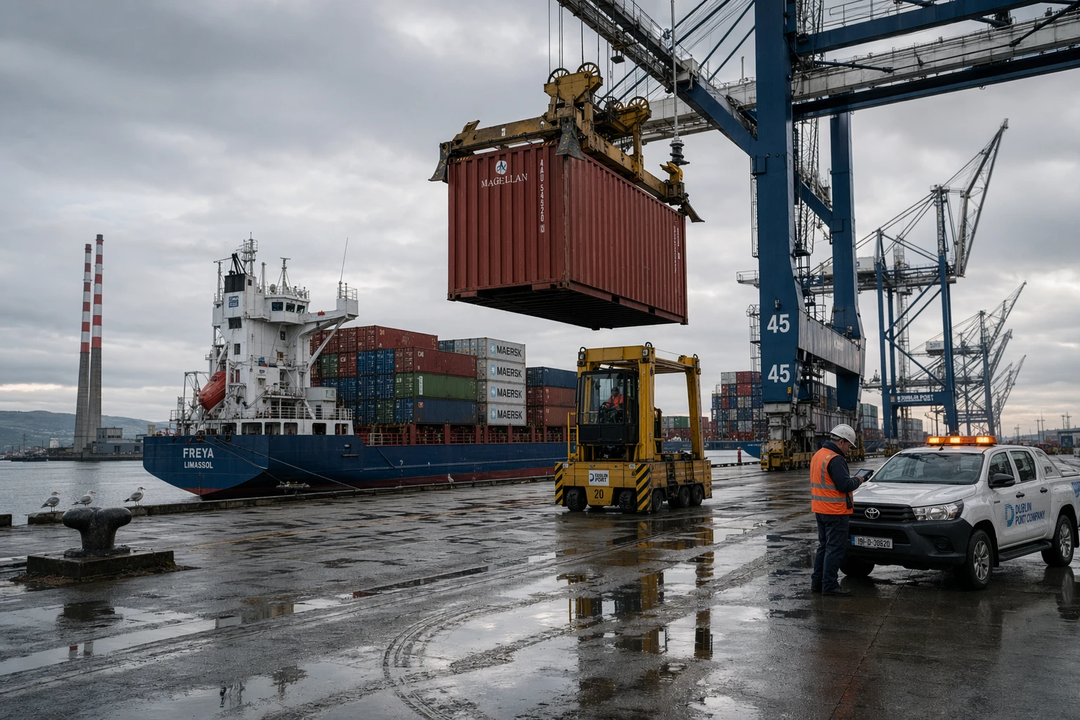 Cargo container ship arriving at Dublin Port under grey skies