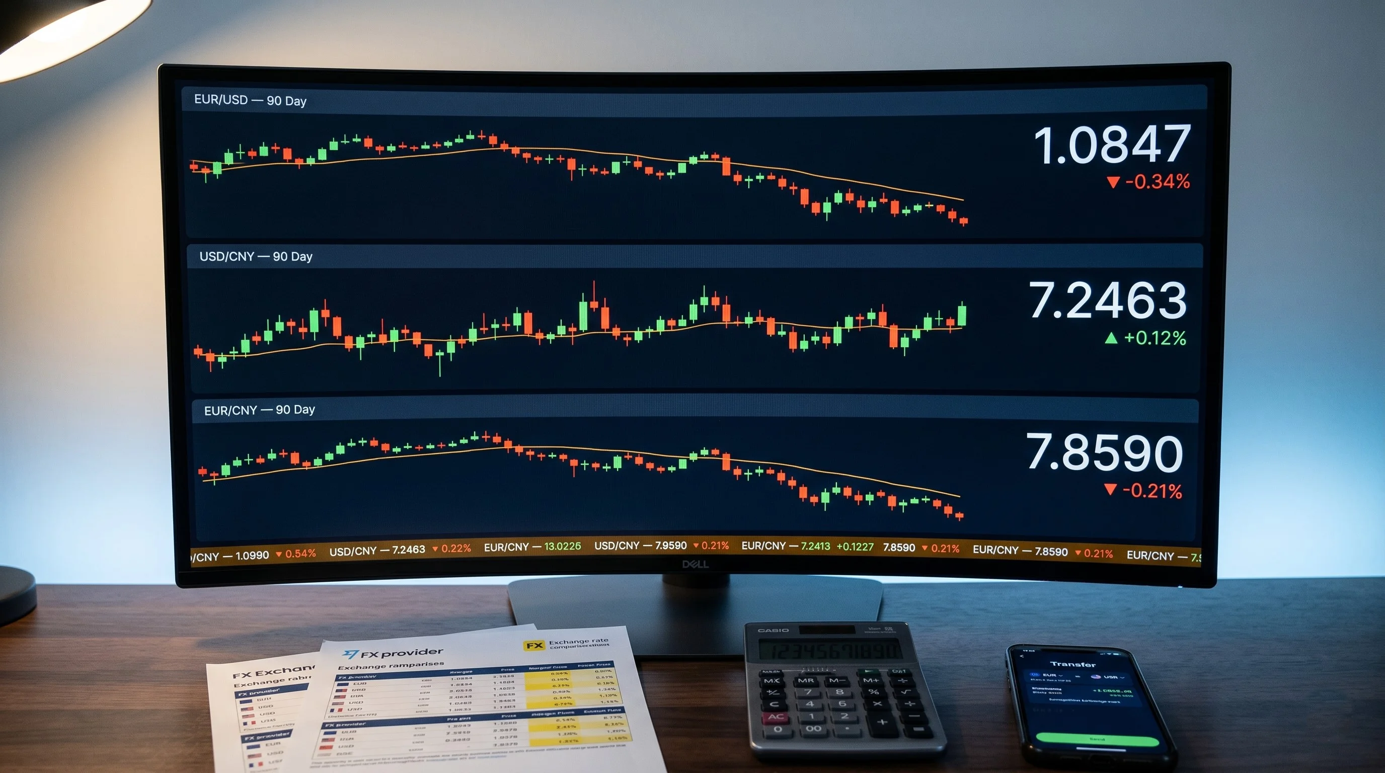Photorealistic close-up of a curved ultrawide monitor displaying a dark-mode foreign exchange dashboard