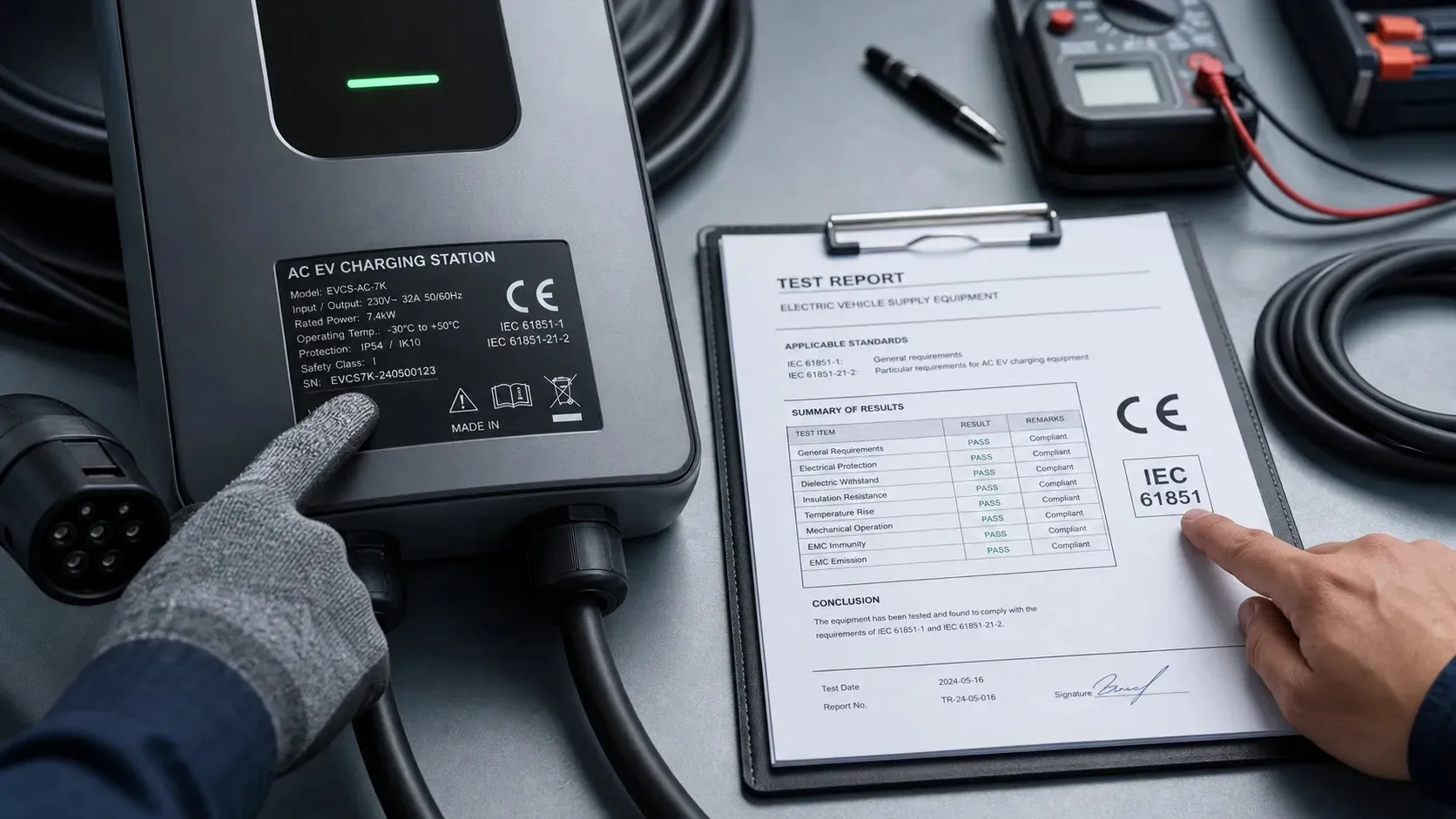 EV charger rating plate showing the CE mark and IEC 61851 rating beside an EVSE third-party test report