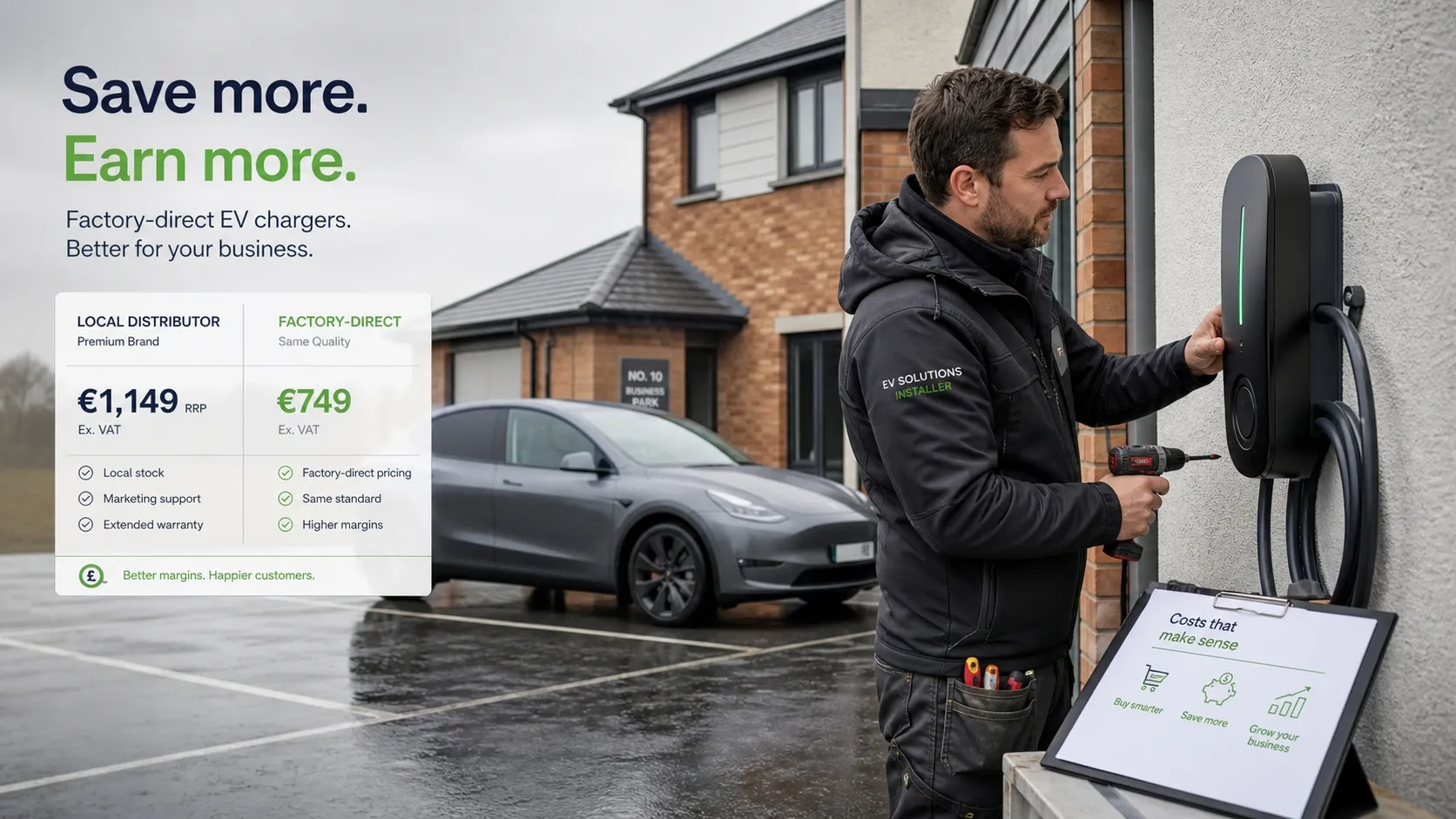 Factory-direct versus local-distributor EV charger pricing, an installer fitting a wallbox at an Irish home