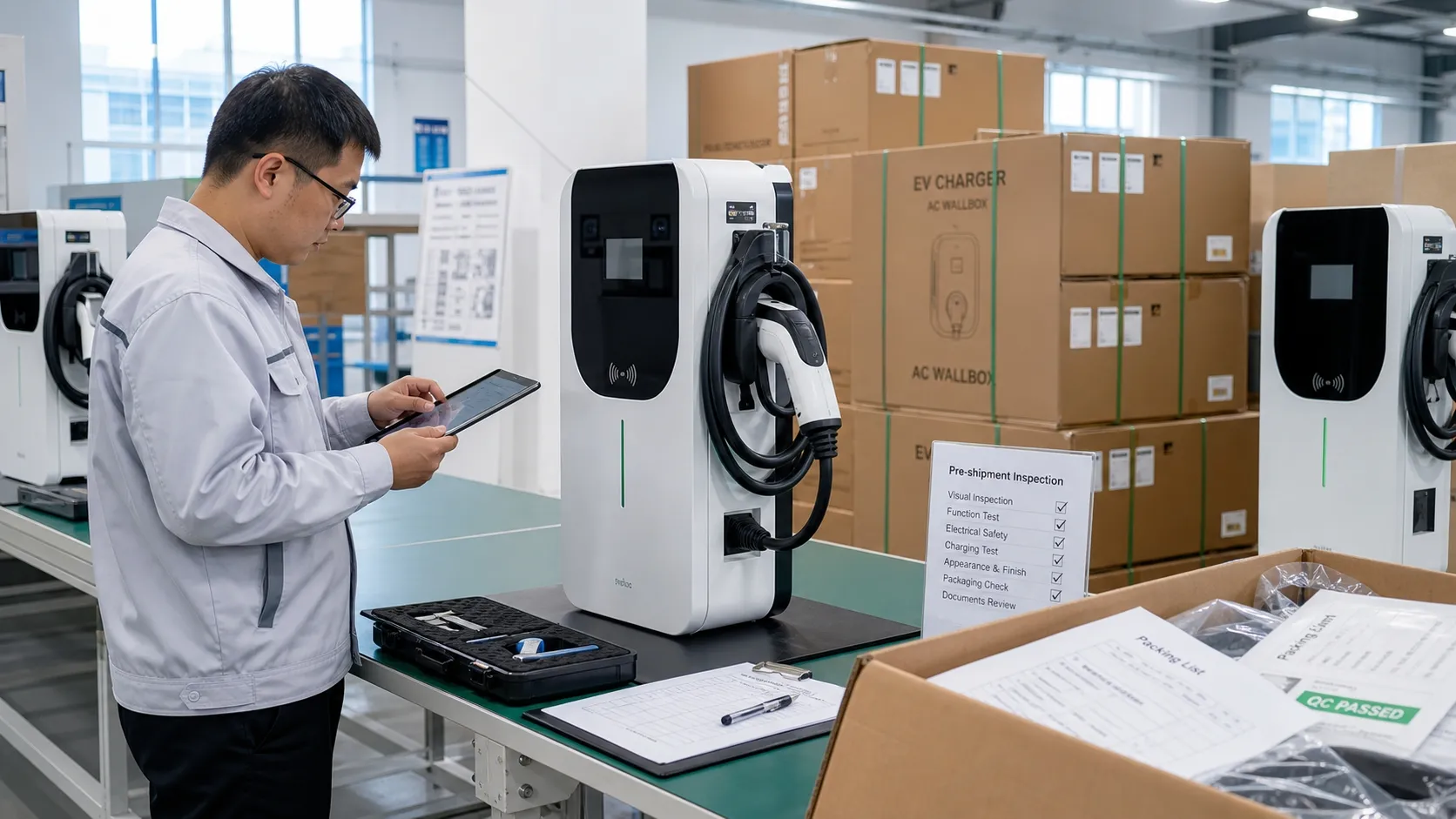 Inspector running a pre-shipment inspection on an AC wallbox EV charger at a Chinese factory, with a QC checklist and packing list