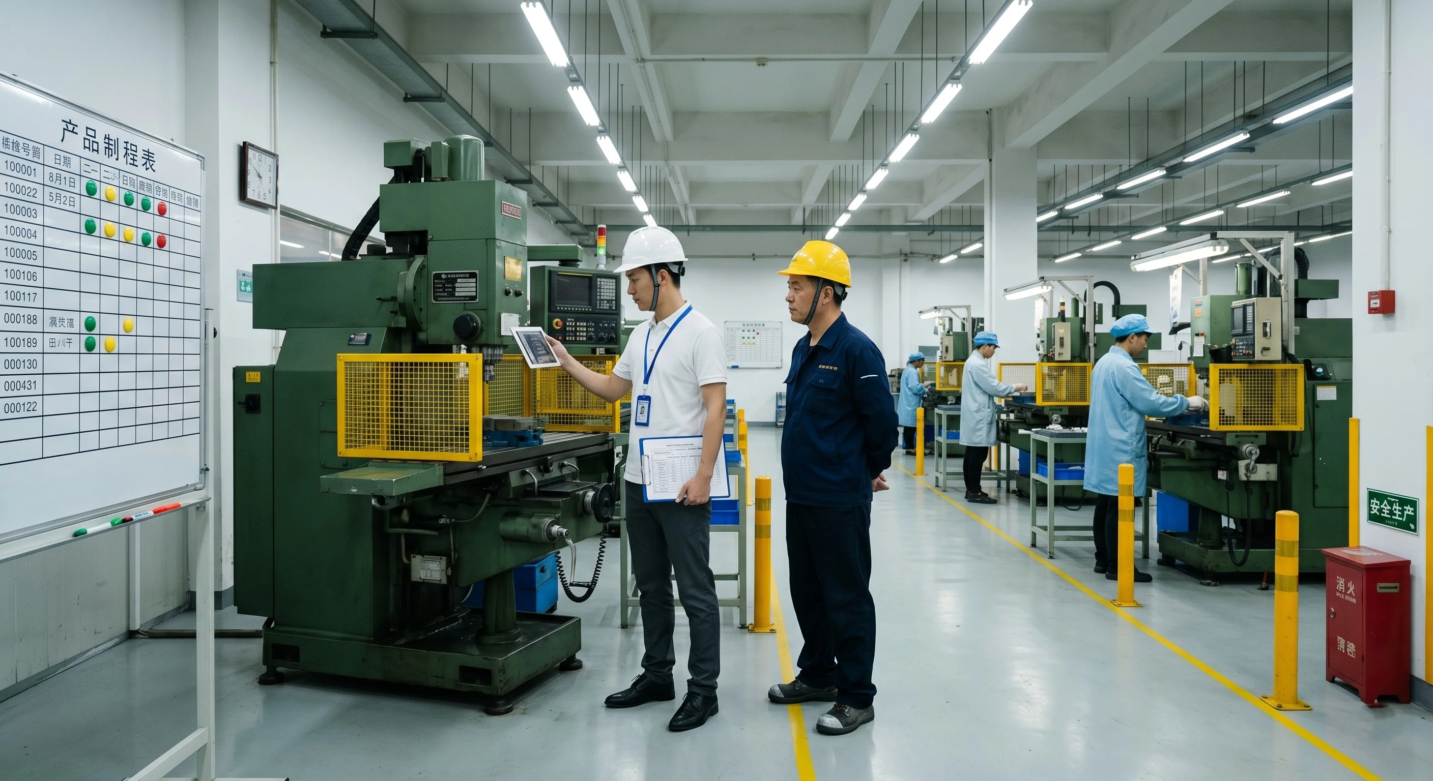 Photorealistic wide-angle shot of a Chinese factory production floor. A third-party auditor in a white polo, white hard hat, and blue lanyard ID badge stands beside a large CNC machine, studying its manufacturer data plate while holding a clipboard audit checklist. A factory production supervisor in a dark blue uniform stands behind with hands clasped, observing.