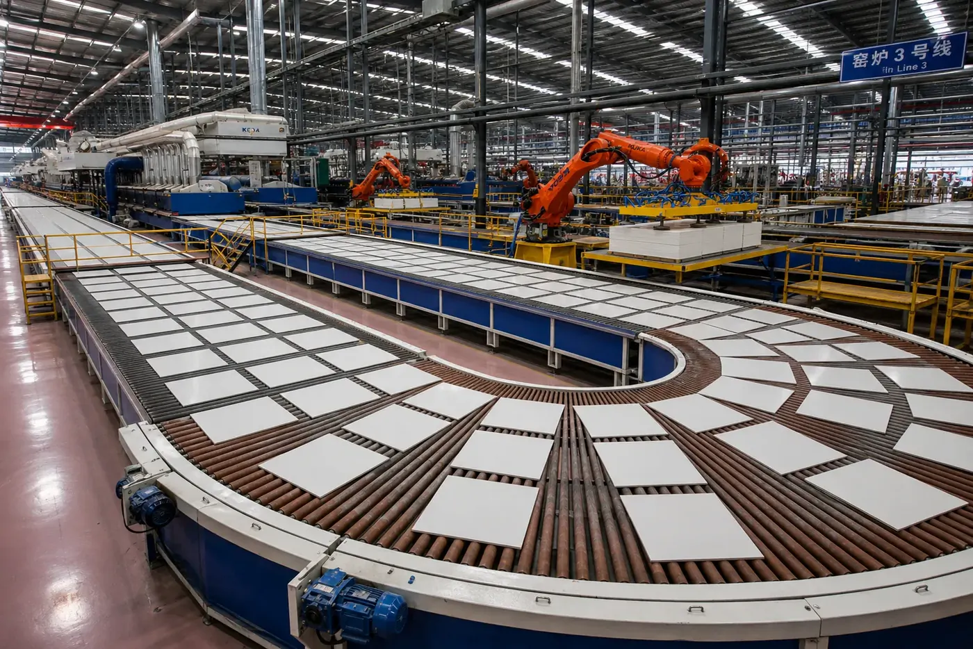 Foshan porcelain tile production line with KEDA roller kiln and KUKA palletising robot — factory-direct 600x600 floor tile for Ireland