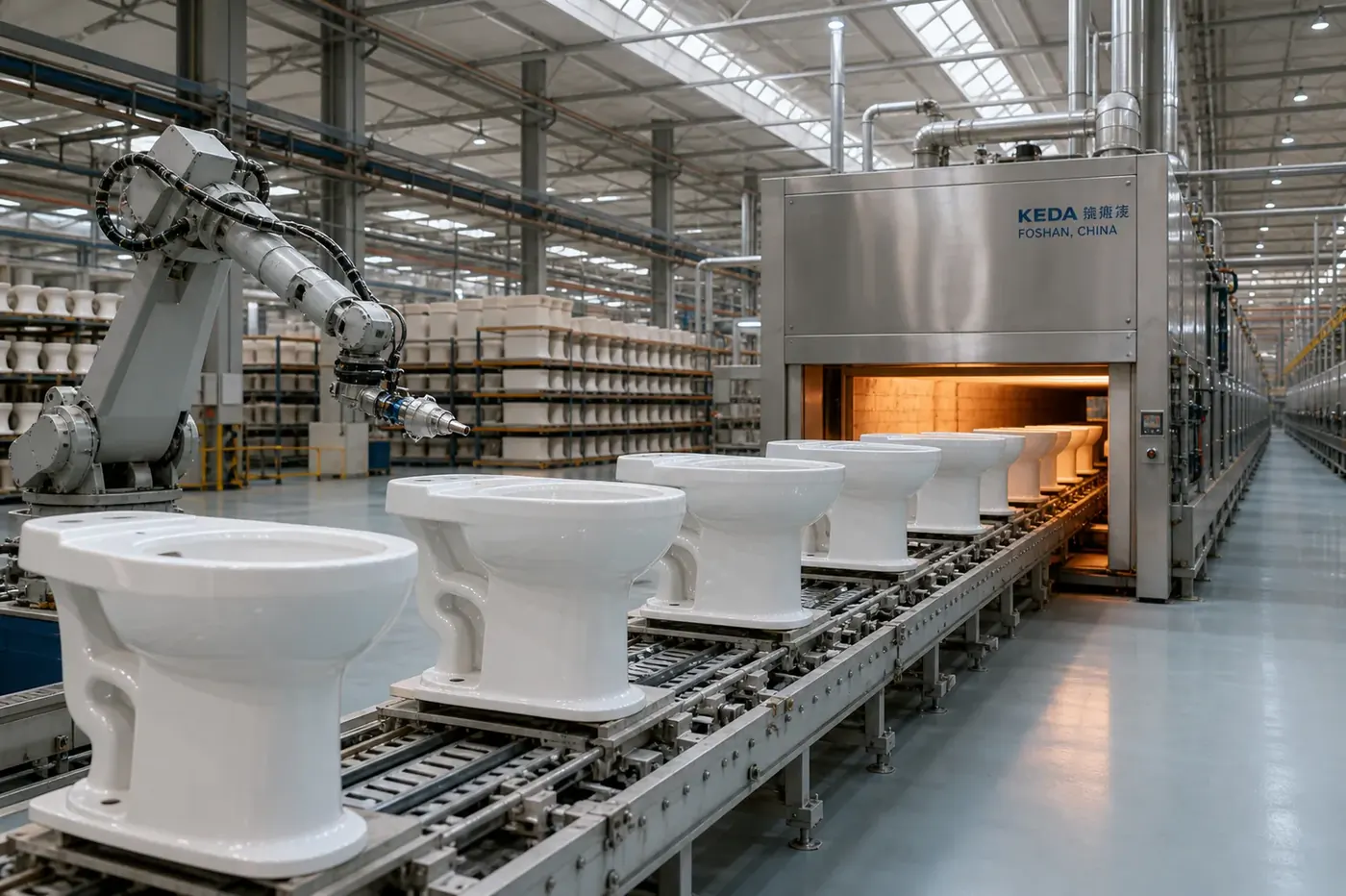 Foshan vitreous china sanitaryware glazing line with kiln entry — factory-direct WCs, basins, and baths for Ireland