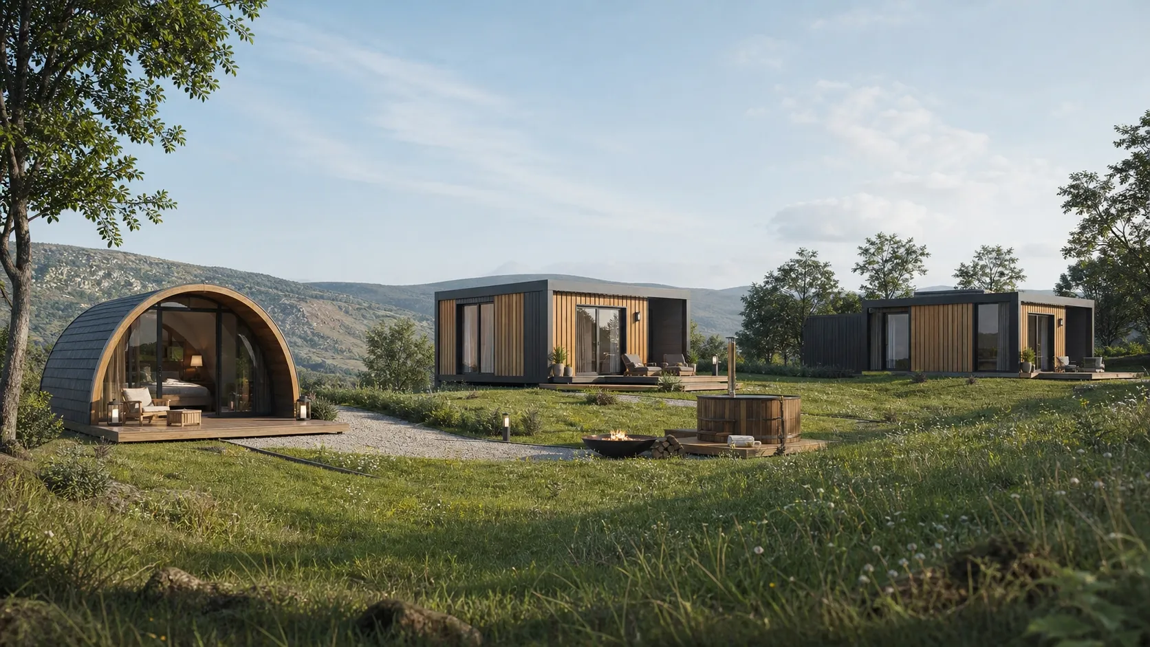 Premium glamping pods and container cabins across a scenic countryside site, a 3-pod cluster for Irish and UK operators