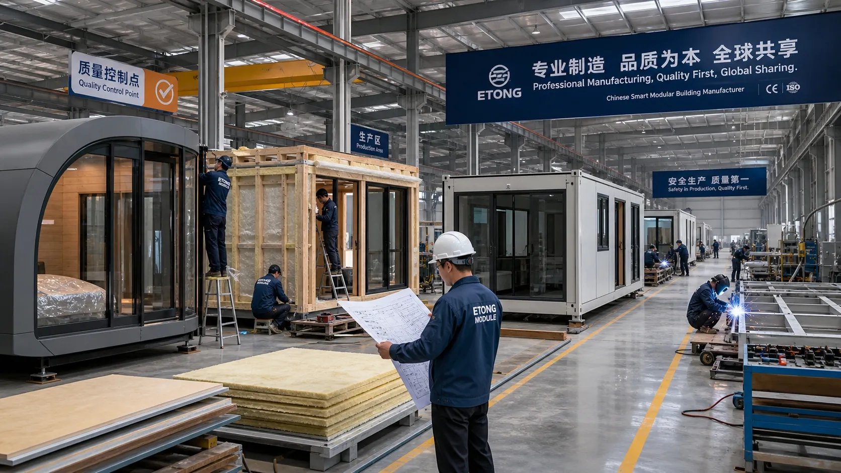Chinese factory assembling glamping pods and container cabins for export, modular-building production with quality-control checks