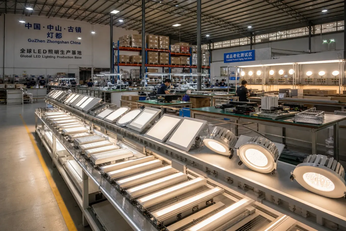 Commercial LED lighting hall in Guzhen, Zhongshan — factory-direct architectural LED pendants and downlights for Ireland