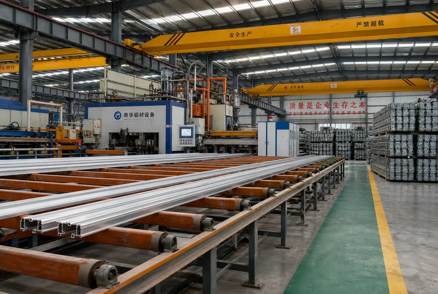 Aluminium window profile extrusion run-out table in a Henan factory — factory-direct aluminium profiles for Ireland