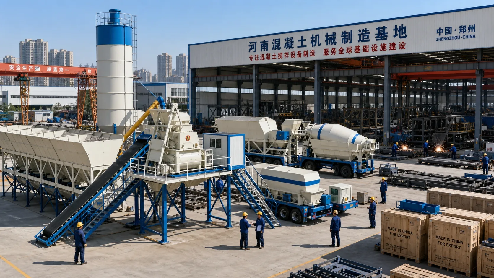 Henan concrete-machinery factory near Zhengzhou assembling batching plants and mixer trucks for export, with aggregate bins, conveyors and palletised goods on the floor